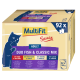 Boîte de nourriture pour chats adultes MultiFit avec "Duo Fish & Classic Mix" avec 92 x 100g de portions, incluant des saveurs comme le bœuf, la dinde et le saumon.