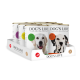 Eine Präsentation von vier Dosen DOG'S LOVE Hundefutter, mit Geschmacksrichtungen wie Wild und Geflügel, in einem weißen Kartontray.