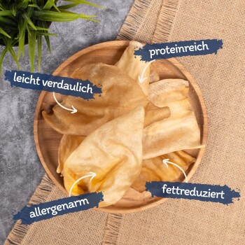 Ein Holzbrett mit Hundeleckereien, gekennzeichnet auf Deutsch: "leicht verdaulich," "proteinreich," "allergenarm," und "fettreduziert."