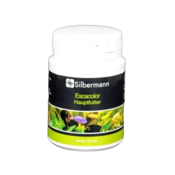 Behälter mit Silbermann Escacolor Hauptfutter Fischfutter, 250 ml, mit bunten aquatischen Bildern auf dem Etikett.