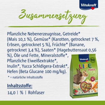 Vitakraft "LIFE Power" Haustierfutterverpackung, die natürliche Zutaten wie Mais, Früchte, Samen und 14,0% Rohfaser zeigt.