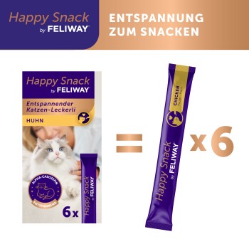 Feliway Happy Snack Katzenleckerlipackung mit 6 Hühnergeschmack-Sticks. Text: 'Entspannender Katzen-Leckerli' und 'Entspannung zum Snacken.'