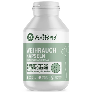 AniForte Weihrauchkapseln für Haustiere, beschriftet mit "WEIHRAUCH KAPSELN," unterstützen die normale Gelenkfunktion.