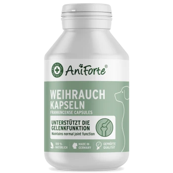 AniForte Weihrauchkapseln für Haustiere, beschriftet mit "WEIHRAUCH KAPSELN," unterstützen die normale Gelenkfunktion.