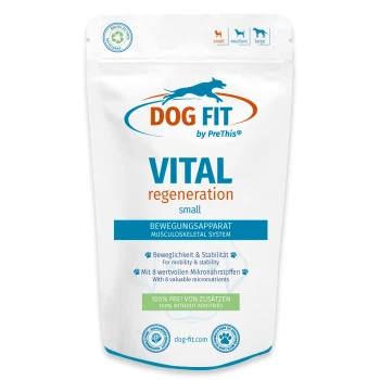 Weißer wiederverschließbarer Beutel des DOG FIT Vital regeneration Ergänzungsmittels für kleine Hunde, blau-orange Logo; Aufschrift 'VITAL regeneration' und '100% ohne Zusatzstoffe'.