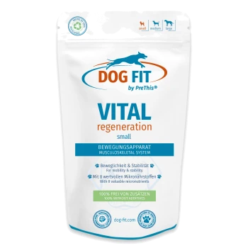 Weißer wiederverschließbarer Beutel des DOG FIT Vital regeneration Ergänzungsmittels für kleine Hunde, blau-orange Logo; Aufschrift 'VITAL regeneration' und '100% ohne Zusatzstoffe'.