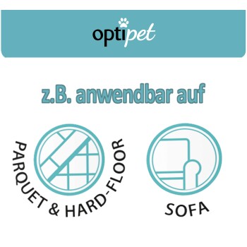 Logo "opti pet" oben, mit "z.B. anwendbar auf" und Symbolen für "PARKETT & HARTBODEN" und "SOFA."