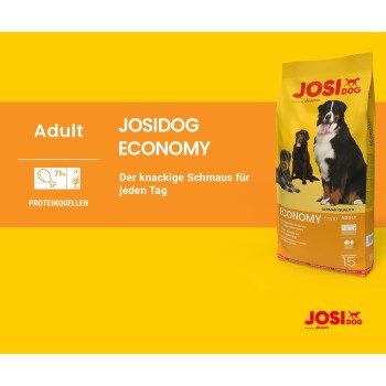 Josera-Logo auf einem gelben runden Abzeichen mit Bäumen und dem Text "CO2", mit dem Satz "KLIMANEUTRALE PRODUKTION" am unteren Rand.