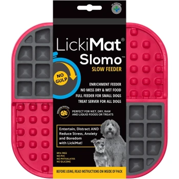 LickiMat Slomo langsame Futterstation für Hunde, mit einem pinken Design und Abschnitten für Nass- und Trockenfutter, fördert Stressabbau und Langeweileverringerung.