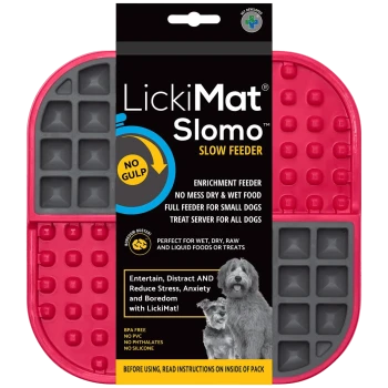 LickiMat Slomo langsame Futterstation für Hunde, mit einem pinken Design und Abschnitten für Nass- und Trockenfutter, fördert Stressabbau und Langeweileverringerung.