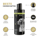 Schwarze Shampoo-Flasche mit dem Etikett "PETDOG CARE 2105" mit dem Gesicht eines Hundes, mit Text über effektive Inhaltsstoffe und eine neue Formel.