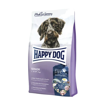 Die Happy Dog Senior Hundefuttertüte zeigt einen braun-weißen Hund und betont Vorteile wie Vitalität, Immunsupport und Gelenkgesundheit.