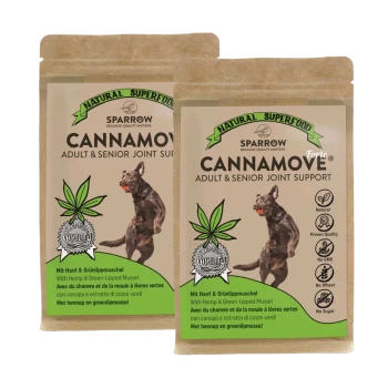 Zwei Cannamove-Pakete für Hunde, die einen braunen Hund zeigen und Zutaten wie Hanf und Grünlippmuschel hervorheben.