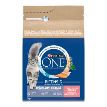 Sac de nourriture Purina ONE Bifensis, chat gris à poil long, « Spécial Chat Stérilisé », « Saumon Ingrédient N°1 », 3 kg