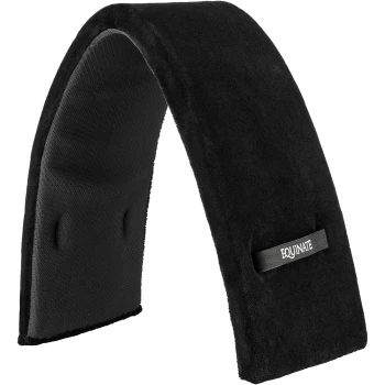 Schwarzes Haustierpflegewerkzeug mit einer weichen, strukturierten Oberfläche und einem Etikett mit der Aufschrift "EQUINATE."