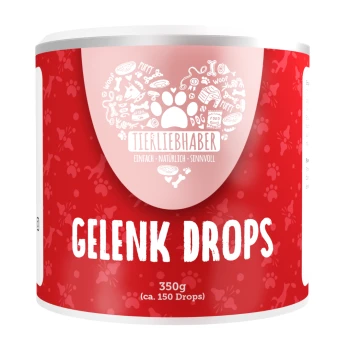 Gelenk Drops für Hunde 350g Roter Behälter mit der Aufschrift 'Gelenk Drops' (Gelenk-Drops) mit einem Gewicht von 350g (ca. 150 Tropfen), mit verspielten, haustierbezogenen Grafiken.