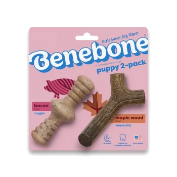 Puppy Pack by Benebone featuring two chew toys: a brown Maplestick made with real maple wood and a bacon-flavored Zaggler.