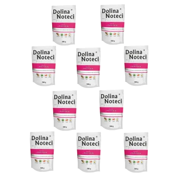 Opakowanie karmy dla zwierząt Dolina Noteci Premium, z wieloma torebkami 500g oznaczonymi "Indyka" z ikonami naturalnych składników.