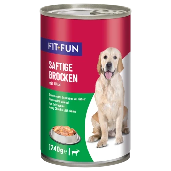 Dosenfutter für Hunde mit der Aufschrift 'FIT+FUN Saftige Brocken mit Wild', mit einem Golden Retriever und einer Schüssel mit Futter. 1240g.