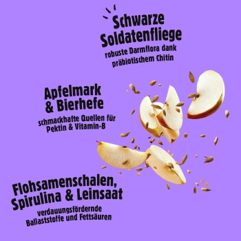 Apfelscheiben mit Kernen und deutschem Text, der Schwarze Soldatenfliege, Apfelmark & Bierhefe sowie ballaststoffreiche Zutaten auf lila Hintergrund hervorhebt.