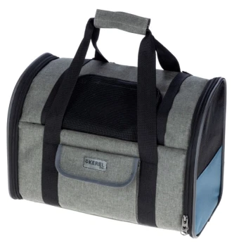 Grau Haustiertrage mit schwarzem Netzpaneel und blauen Akzenten, mit doppelten Griffen und einem Reißverschlussverschluss.