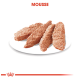 Nourriture pour animaux en mousse présentée sur une assiette blanche, avec quatre portions texturées et rosées, avec le mot 'MOUSSE' en rouge gras au-dessus.