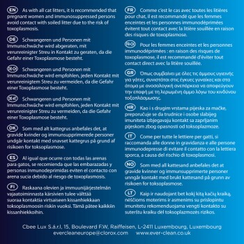 Image affichant des avertissements multilingues sur l'évitement du contact avec la litière pour chats souillée pour les femmes enceintes et les personnes immunodéprimées.