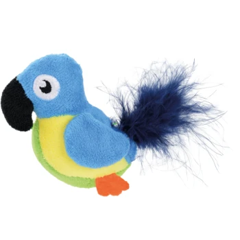 Buntes plüschiges Papageienspielzeug mit blauem Körper, gelbem Bauch, orangefarbenen Füßen und einem flauschigen blauen Schwanz, entworfen für Haustiere.