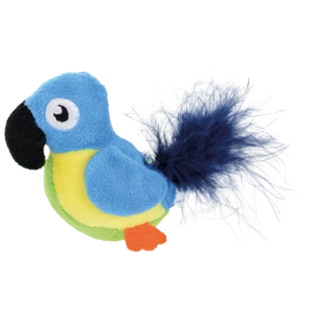 Kleurrijk pluche papegaai speelgoed met een blauwe body, gele buik, oranje voeten en een fluffy blauwe staart, ontworpen voor huisdieren.