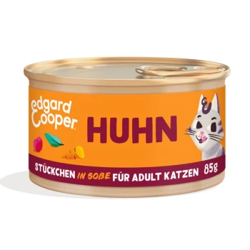 Katzenfutterdose von Edgard Cooper, beschriftet mit "HUHN" und einer verspielten Katzenillustration, 85g, mit dem Hinweis "Stückchen in Soße für Adult Katzen."