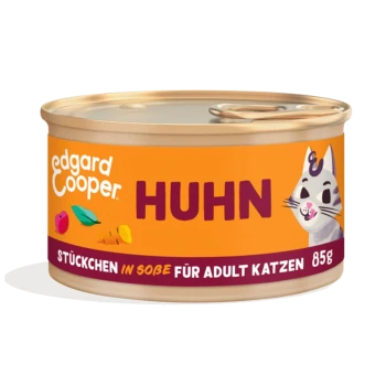 Katzenfutterdose von Edgard Cooper, beschriftet mit "HUHN" und einer verspielten Katzenillustration, 85g, mit dem Hinweis "Stückchen in Soße für Adult Katzen."