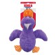 Jouet pour chien en peluche oiseau violet avec bec orange et pattes à chevrons, sur emballage marqué «KONG Comfort».