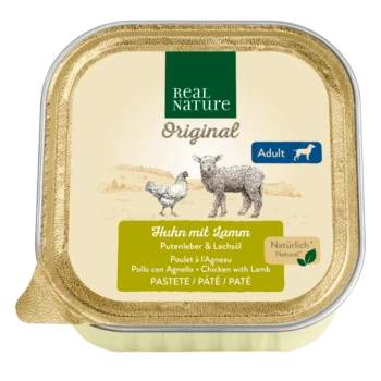 Real Nature Original pet food can, featuring "Huhn mit Lamm" (Chicken with Lamb) for adults, with illustrations of a chicken and a lamb.