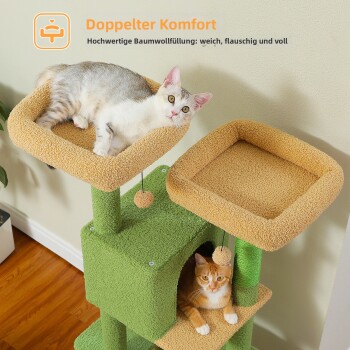 Zwei Katzen ruhen auf einem grünen und beigen Plüsch-Kratzbaum mit Text „Doppelter Komfort Hochbelastbare Baumwollfüllung: plüschig, weich und voll.“