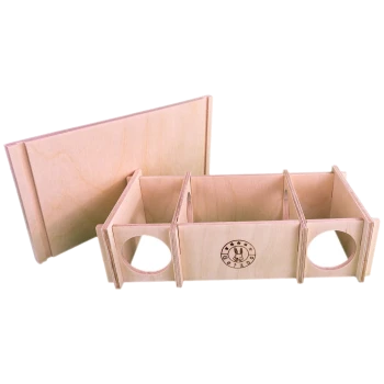Holzspielzeug-Aufbewahrungsbox für Haustiere mit drei Fächern und runden Öffnungen, mit einem "GetZoo"-Logo mit einem Hasendesign.