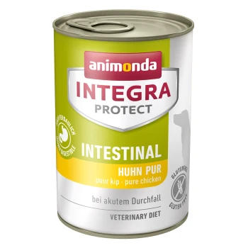 Integra Protect Intestinal Huhn pur 6x400 g Eine Dose Animonda Integra Protect Intestinal Hundefutter mit einem gelben Etikett, das "Huhn Pur" und "Glutenfrei" liest.