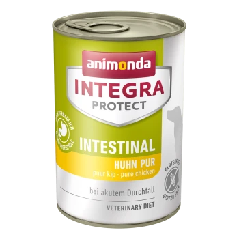 Een blik Animonda Integra Protect Intestinal hondvoer met een gele label met de tekst 'Huhn Pur' en 'Glutenfrei.'