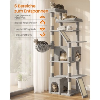 Grauer mehrstufiger Kratzbaum mit sechs Katzen, die in einem sonnenbeschienenen Raum entspannen; linker Text: '6 Bereiche zum Entspannen'.
