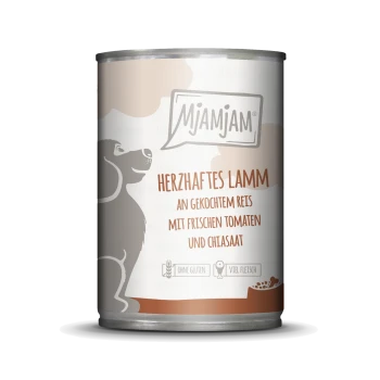Dosen-Hundefutter mit der Aufschrift "Mjamjam", das Lamm mit Reis, frischen Tomaten und Chiasamen enthält; glutenfrei und fleischreich.