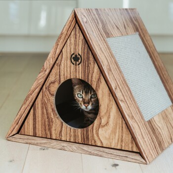 Ein dreieckiges Katzenhaus aus Holz mit einem runden Eingang, in dem eine Bengal-Katze herausspäht, und einer Kratzfläche an der Seite.