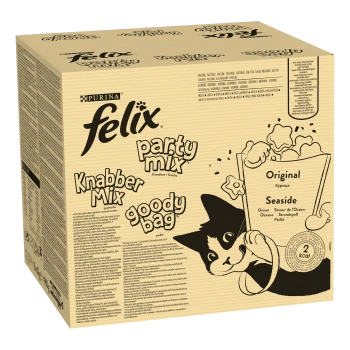 Purina Felix Party Mix Katzensnack-Schachtel mit Katzenillustration; Text: 'Knabber Mix', 'goody bag', 'Original Seaside', '2 kcal'.