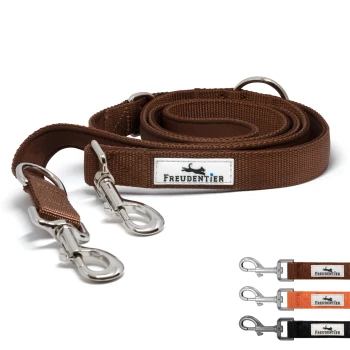 Braune Hundeleine mit Metallclips, mit einem "Freudentier"-Etikett, zusammen mit einer schwarzen Version ausgestellt.