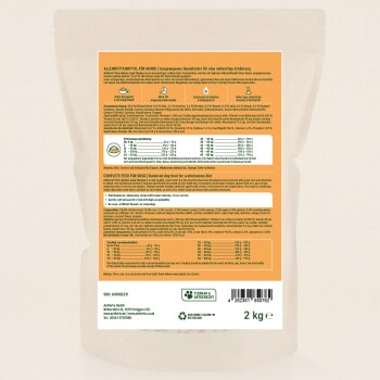 Rückseite der AniForte ausgewogenen Hundenahrung Verpackung mit Fütterungsempfehlungen, Zutaten und Nährwertangaben, 2 kg.