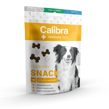 Calibra Veterinary Diets Crunchy Snack für Hunde, mit einem lächelnden Border Collie auf der Verpackung, der die Vitalitätsunterstützung hervorhebt.