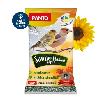 Eine bunte Tüte PANTO Sonnenblumenkerne für Vögel, mit zwei Vögeln, die auf einem Ast sitzen, und dem Text "Sonnenblumenkerne" deutlich sichtbar.