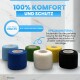 Selbstklebende Verbände in sechs Farben, beschriftet mit "100% Komfort und Schutz" und "Spezialmaterial", für die Haustierpflege.