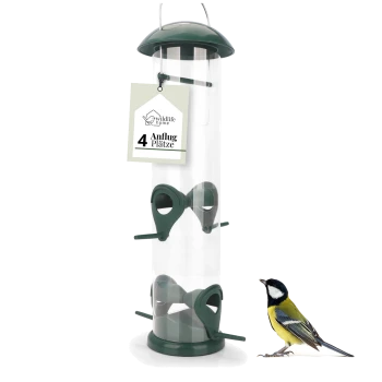 Ein grüner Vogelhaus mit vier Futteröffnungen, mit einem klaren Röhrendesign und einem Aufhängehaken, neben einem bunten Kohlmeisenvogel.