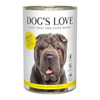 Hundefutter in Dosen von Dog's Love mit einem grauen Hund auf dem Etikett, mit dem Hinweis auf Hühnergeschmack und Zutaten wie Birne, Quinoa und Karotte.
