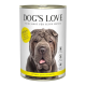 Hundefutter in Dosen von Dog's Love mit einem grauen Hund auf dem Etikett, mit dem Hinweis auf Hühnergeschmack und Zutaten wie Birne, Quinoa und Karotte.