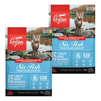Deux sacs de nourriture pour chat Orijen "Six Fish" avec un chat tabby sur une côte rocheuse, mettant en avant "85% d'ingrédients animaux de qualité" et "6 crus."